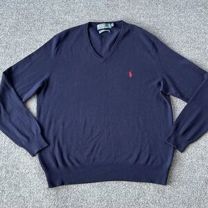 Polo Ralph Lauren Sweater Mens XL Blue Merino Wool V Neck Pullover Knit Vintage